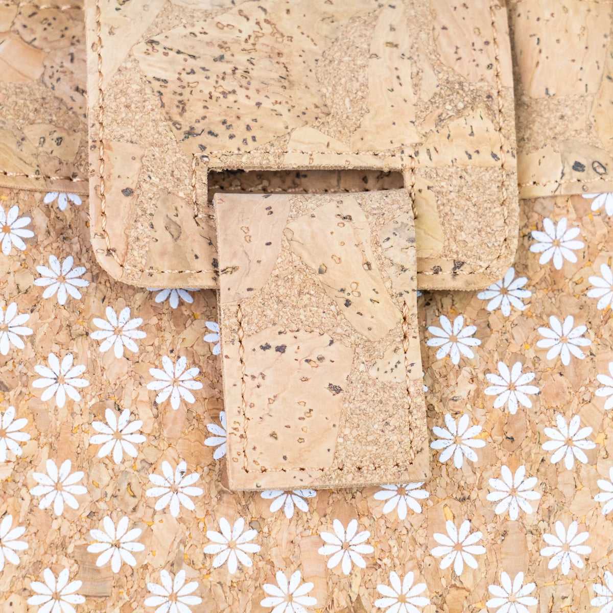 Detail stitching and cork patterns on Key West Cork Shoulder Tote in Daisy