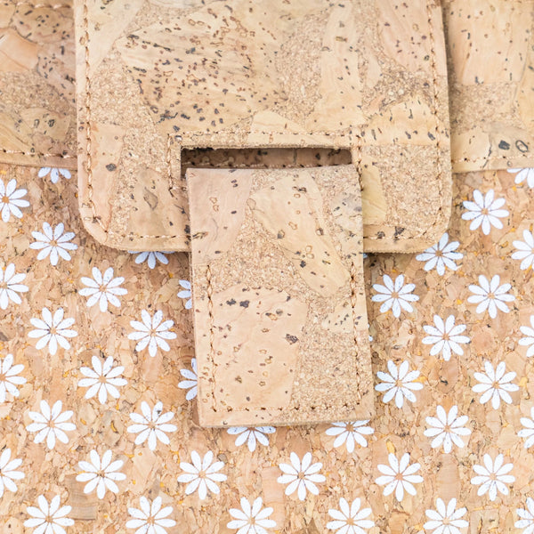 Detail stitching and cork patterns on Key West Cork Shoulder Tote in Daisy