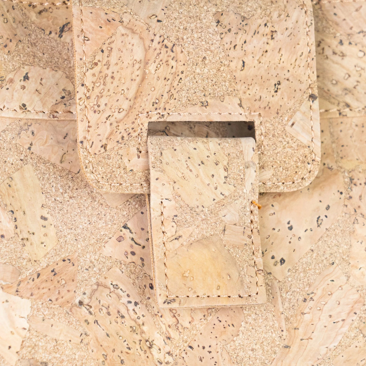 Detail stitching and cork patterns on Key West Cork Shoulder Tote in Natural