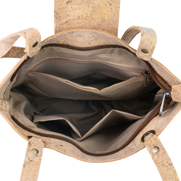 Interior of Key West cork tote with slip pockets and zip pocket