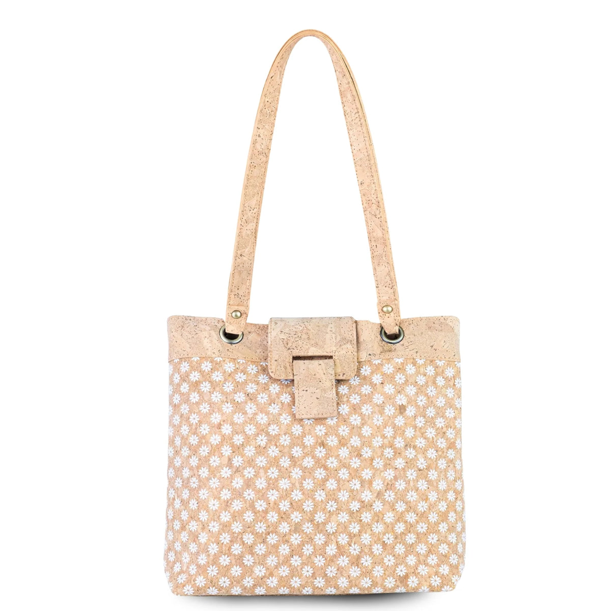 Front view of Key West cork shoulder tote with white daisy floral pattern