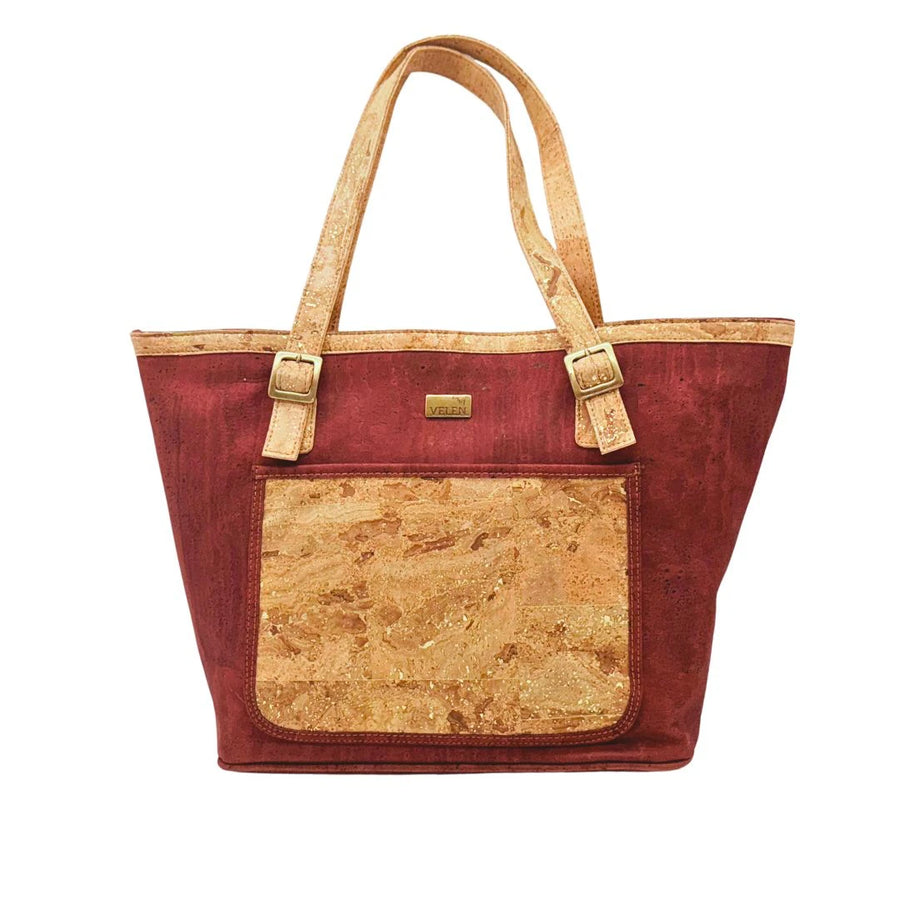 Denver Cork Tote front in brown-red with Gold slip pocket and straps