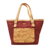 Denver Cork Tote front in brown-red with Gold slip pocket and straps