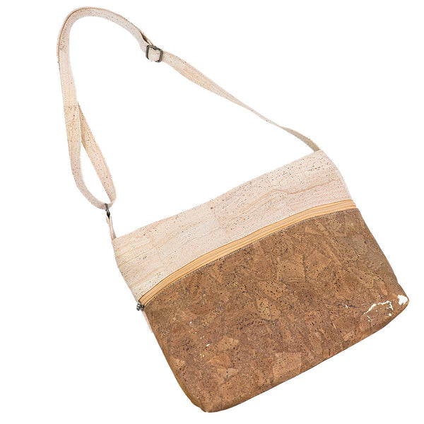 Adjustable strap on Large Two Tone Natural Cork Womens Crossbody Bag from Texas Cork Company