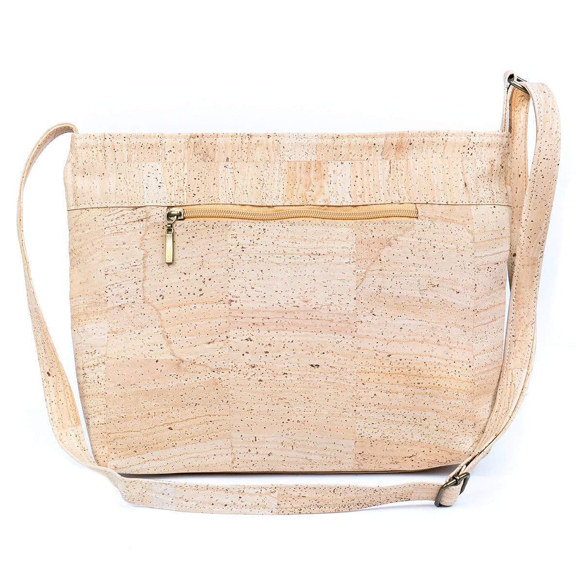 Back zip pocket of Large Two Tone Natural Cork Womens Crossbody Bag from Texas Cork Company