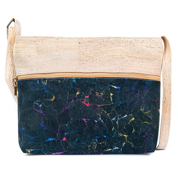 Front of Large Two Tone Natural Cork Womens Crossbody Bag in Black and Rainbow from Texas Cork Company