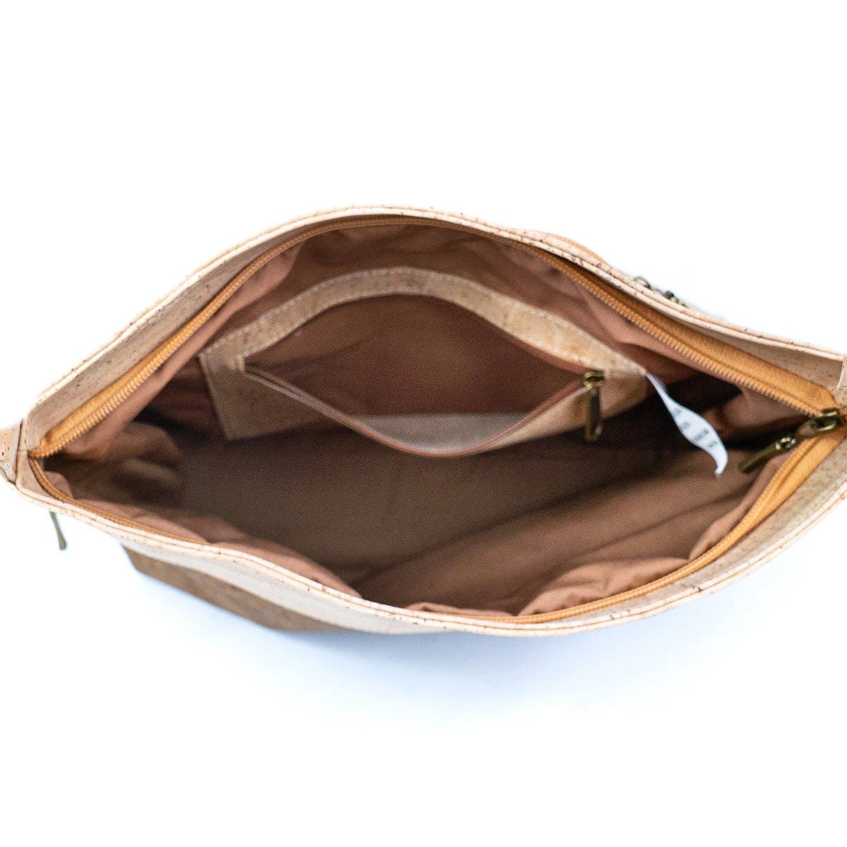 Inside main compartment with zip pocket of Large Two Tone Natural Cork Womens Crossbody Bag from Texas Cork Company