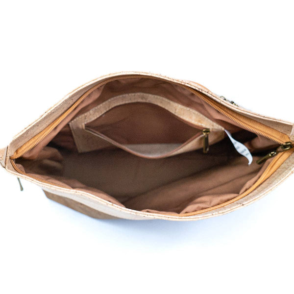 Inside main compartment with zip pocket of Large Two Tone Natural Cork Womens Crossbody Bag from Texas Cork Company