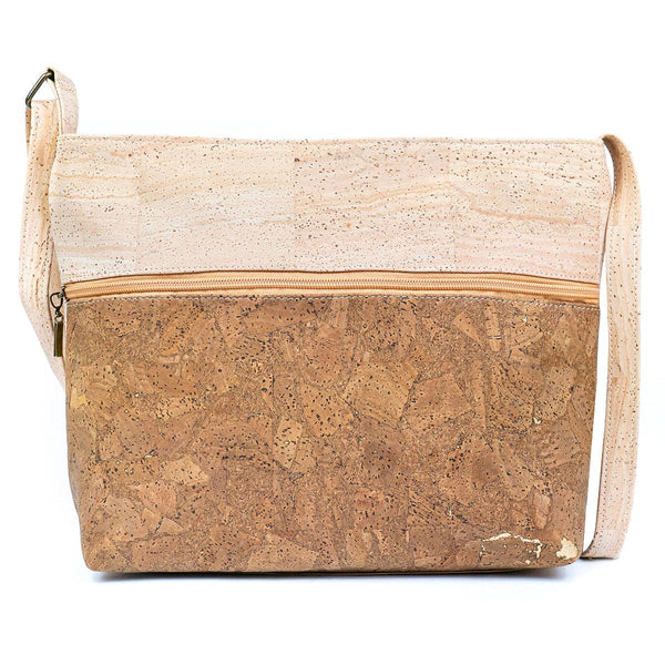 Front of Large Two Tone Natural Cork Womens Crossbody Bag in Tobacco  and Gold from Texas Cork Company