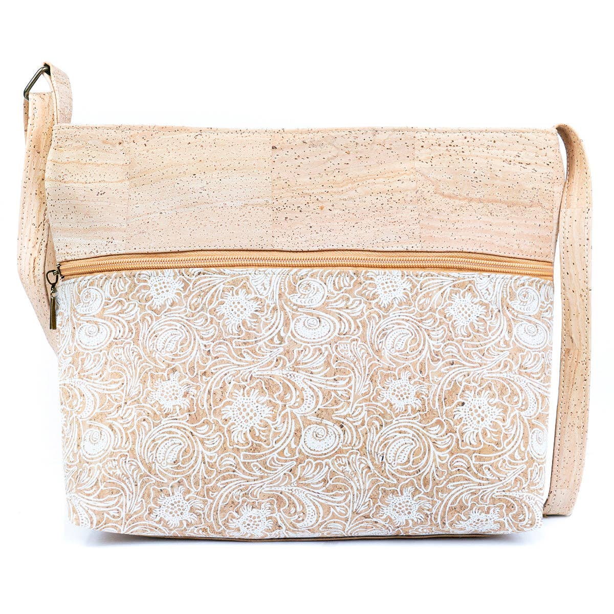 Front of Large Two Tone Natural Cork Womens Crossbody Bag in White Lace from Texas Cork Company