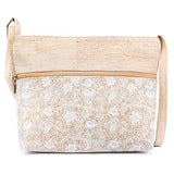 Front of Large Two Tone Natural Cork Womens Crossbody Bag in White Lace from Texas Cork Company