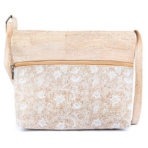 Front of Large Two Tone Natural Cork Womens Crossbody Bag in White Lace from Texas Cork Company