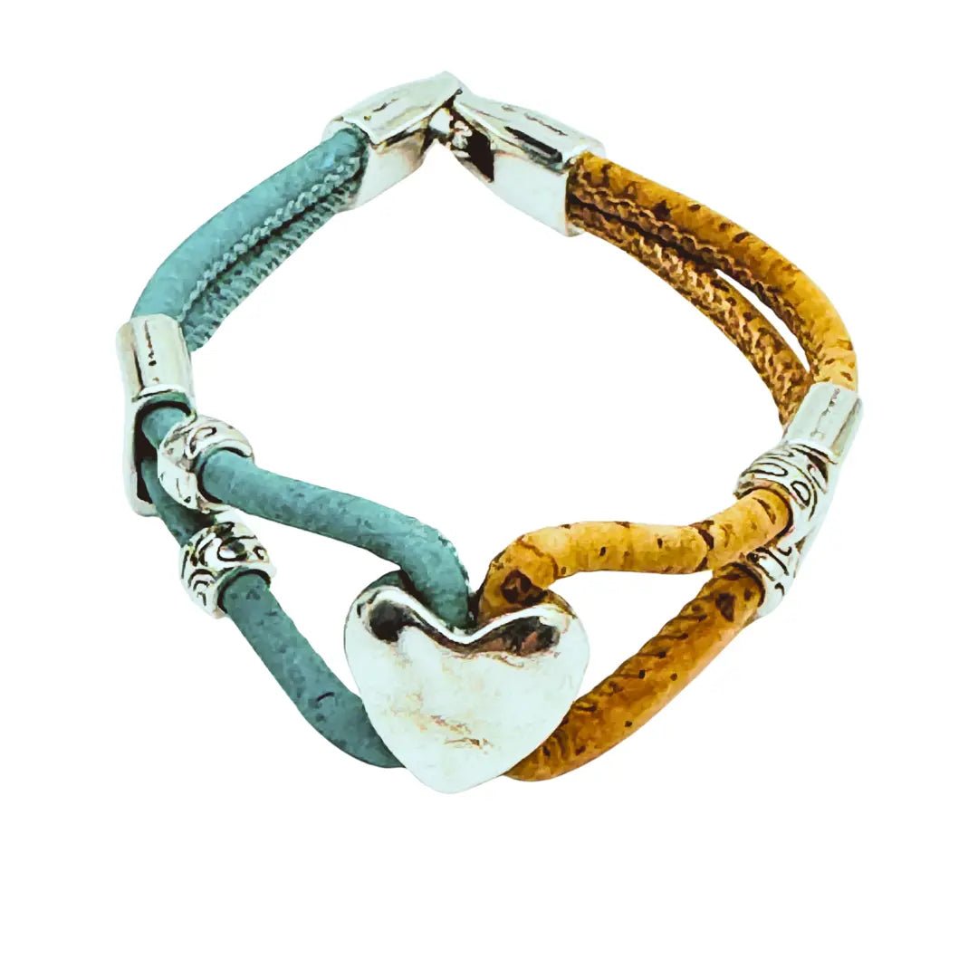 Cork bracelet with heart charm. Light blue (left) and natural cork (right) cording.