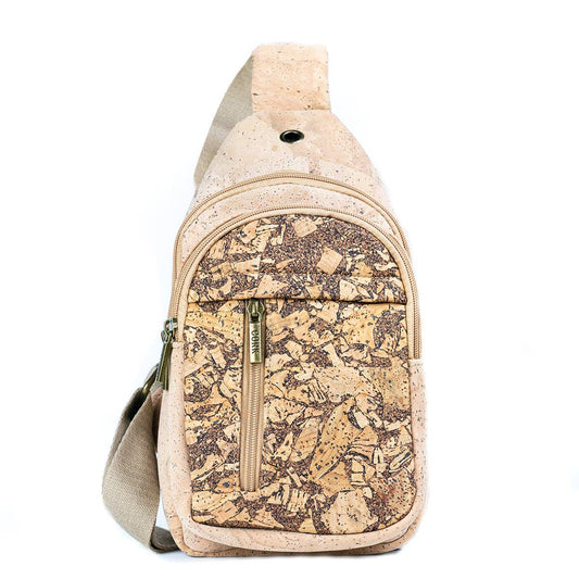 Front of Light coffee cork chest sling travel bag from Texas Cork Company