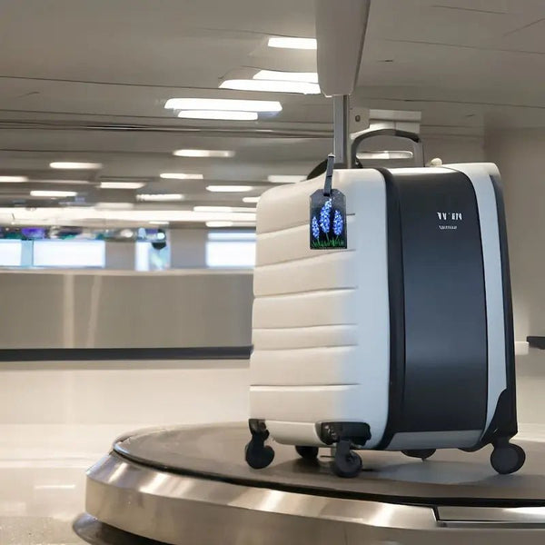White and black suitcase and a bluebonnet luggage tag