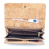 Open view highlighting coin and bill slots of Lux Cork Trifold Vegan Wallet from Texas Cork Company