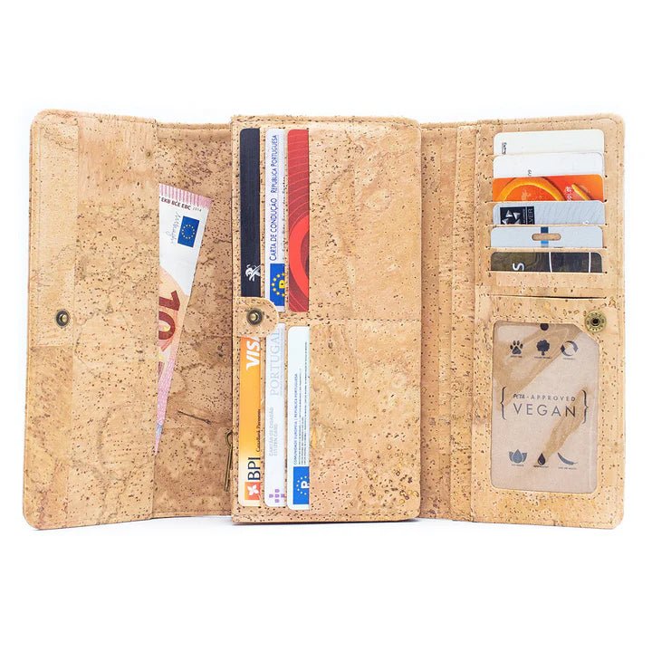 Fully open view showing card slots and bill slots for Lux Cork Trifold Vegan Wallet from Texas Cork Company