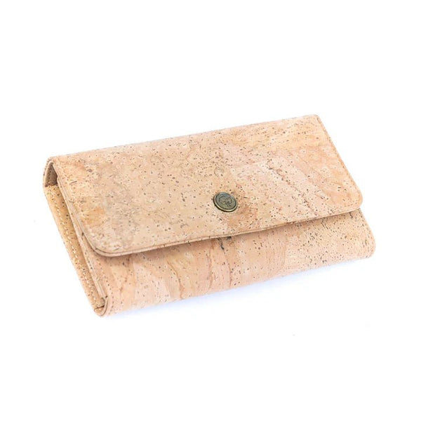 Front, side, and bottom view of Lux Cork Trifold Vegan Wallet from Texas Cork Company