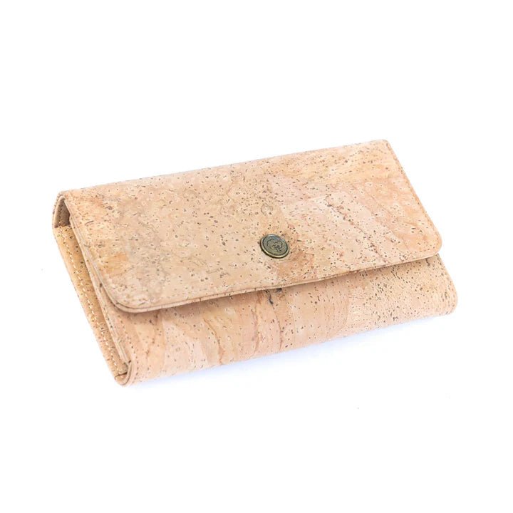 Front, side, and bottom view of Lux Cork Trifold Vegan Wallet from Texas Cork Company