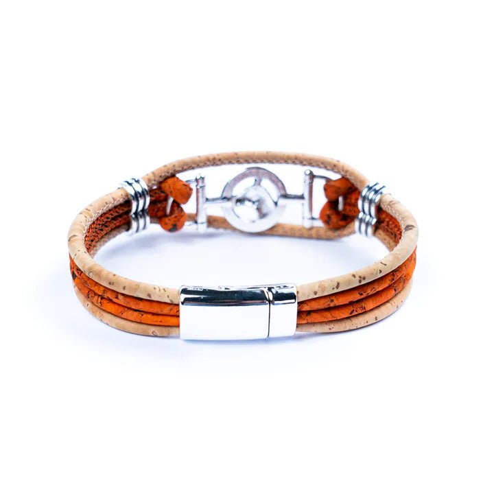 Back view of horse head cork bracelet and closeup of the magnetic closure.