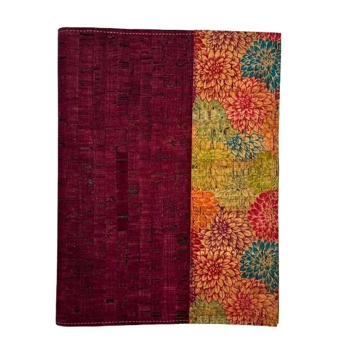 Cork Leather Spiral Cover - front - Maroon with colorful mums on right border