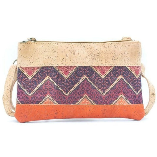 Front view of Mini Cork Crossbody Cell Phone Bag with orange waves pattern from Texas Cork Company