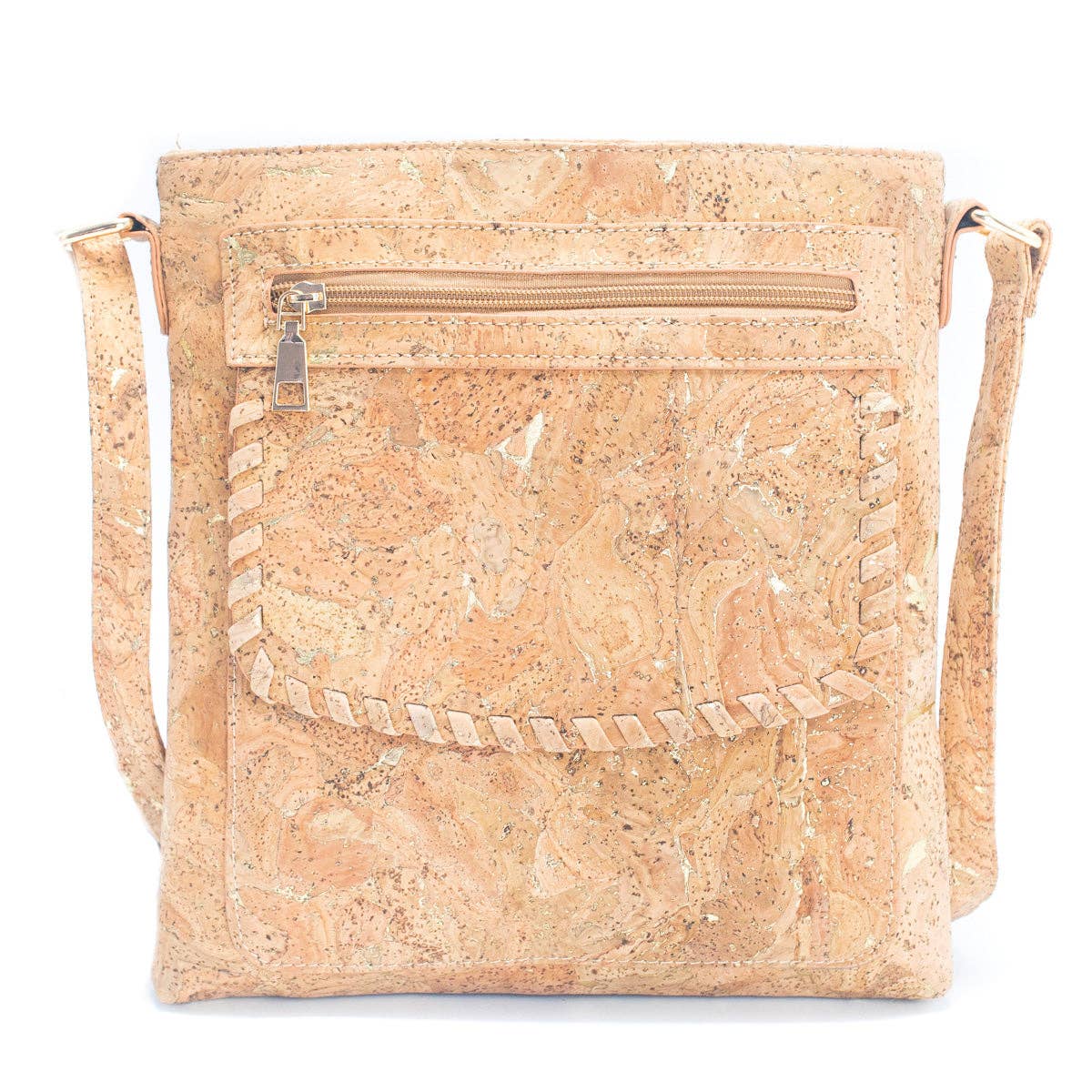 Front of molten gold cork shoulder bag with metallic accents from Texas Cork Company