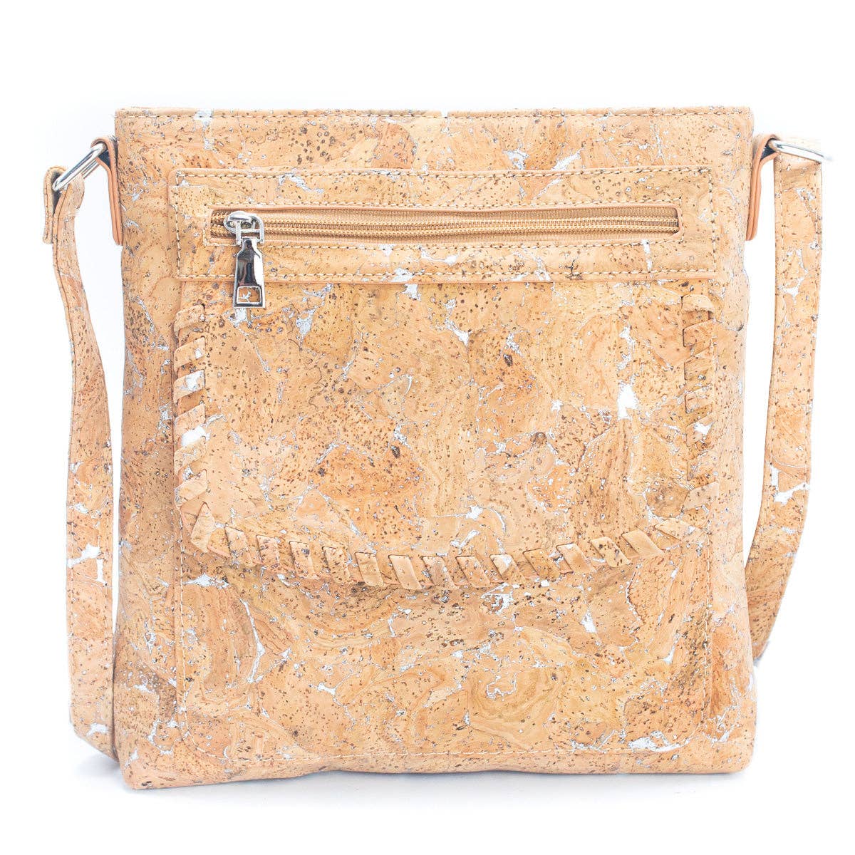 Front of molten silver cork shoulder bag with metallic accents from Texas Cork Company