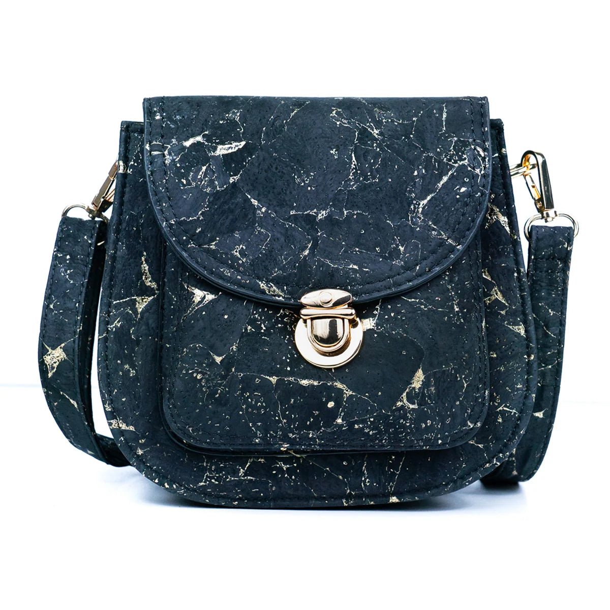 Front of Monaco black cork crossbody bag with gold veining and structured flap