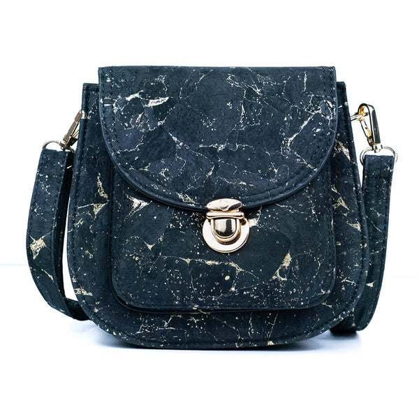 Front of Monaco black cork crossbody bag with gold veining and structured flap