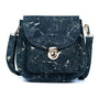 Front of Monaco black cork crossbody bag with gold veining and structured flap