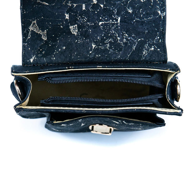 Interior of Monaco black cork crossbody bag 