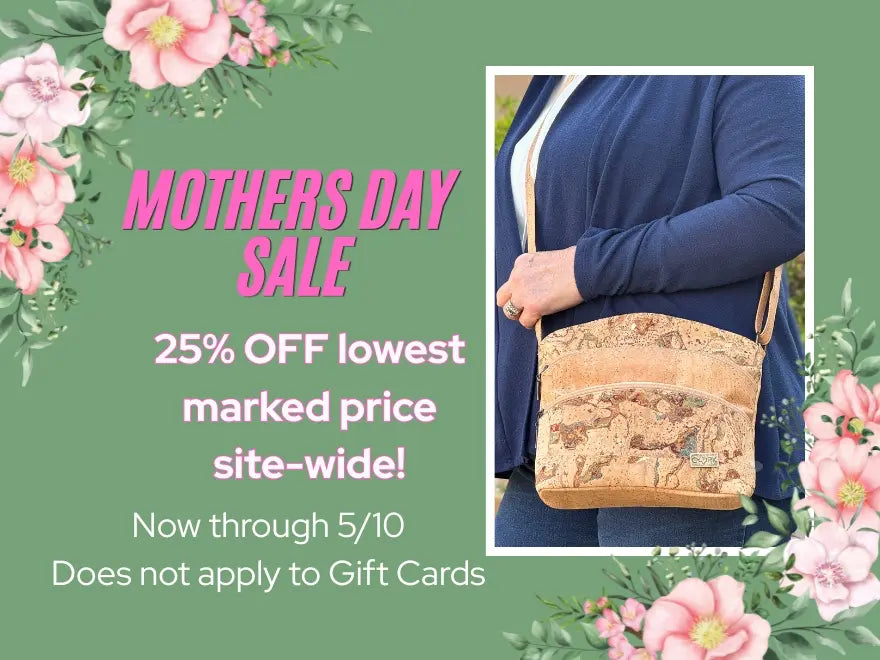  Promotional graphic for a Mothers Day sale with a woman holding Dallas Crossbody Bag in Roots