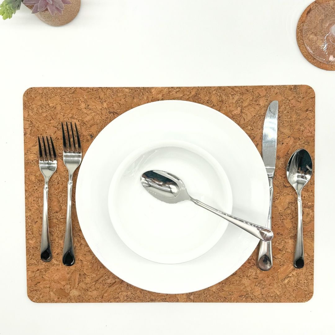 natural chunky cork placemat with plate, bowl, and silverware by Texas Cork Company