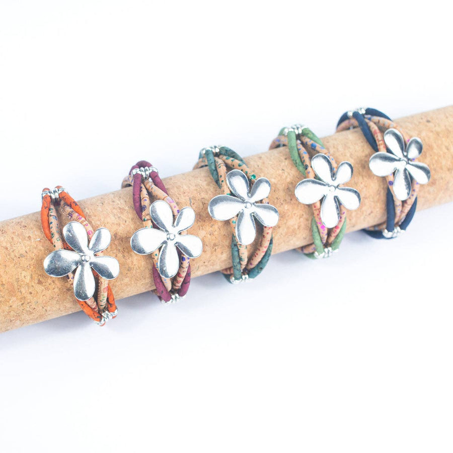 All five colors of Natural Cork Handmade Women's Bracelet with Flower Pendant on display. From Texas Cork Company.