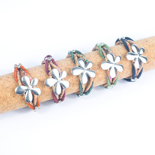 All five colors of Natural Cork Handmade Women's Bracelet with Flower Pendant on display. From Texas Cork Company.