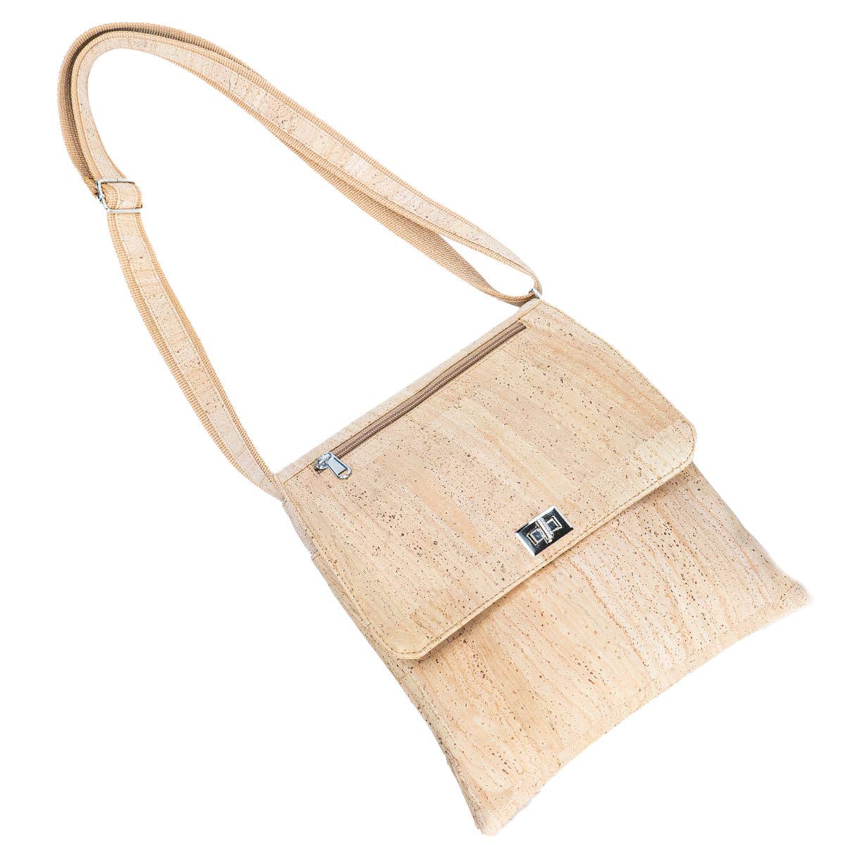 Front view with extended strap of Natural Cork Satchel Crossbody Bag from Texas Cork Company