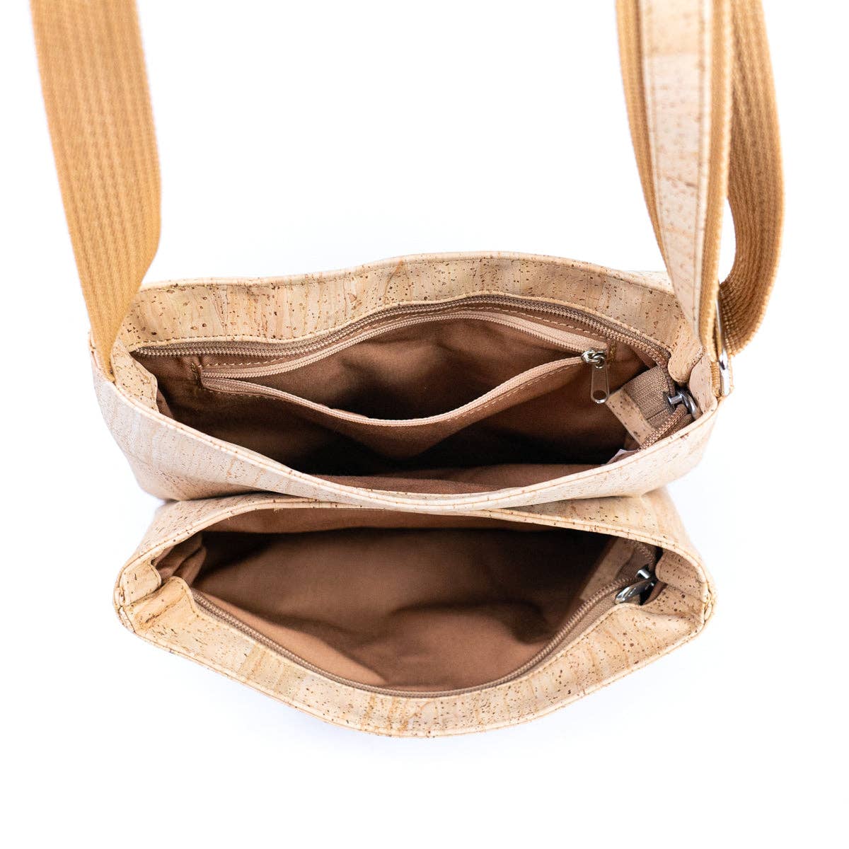 Inside pockets of Natural Cork Satchel Crossbody Bag from Texas Cork Company