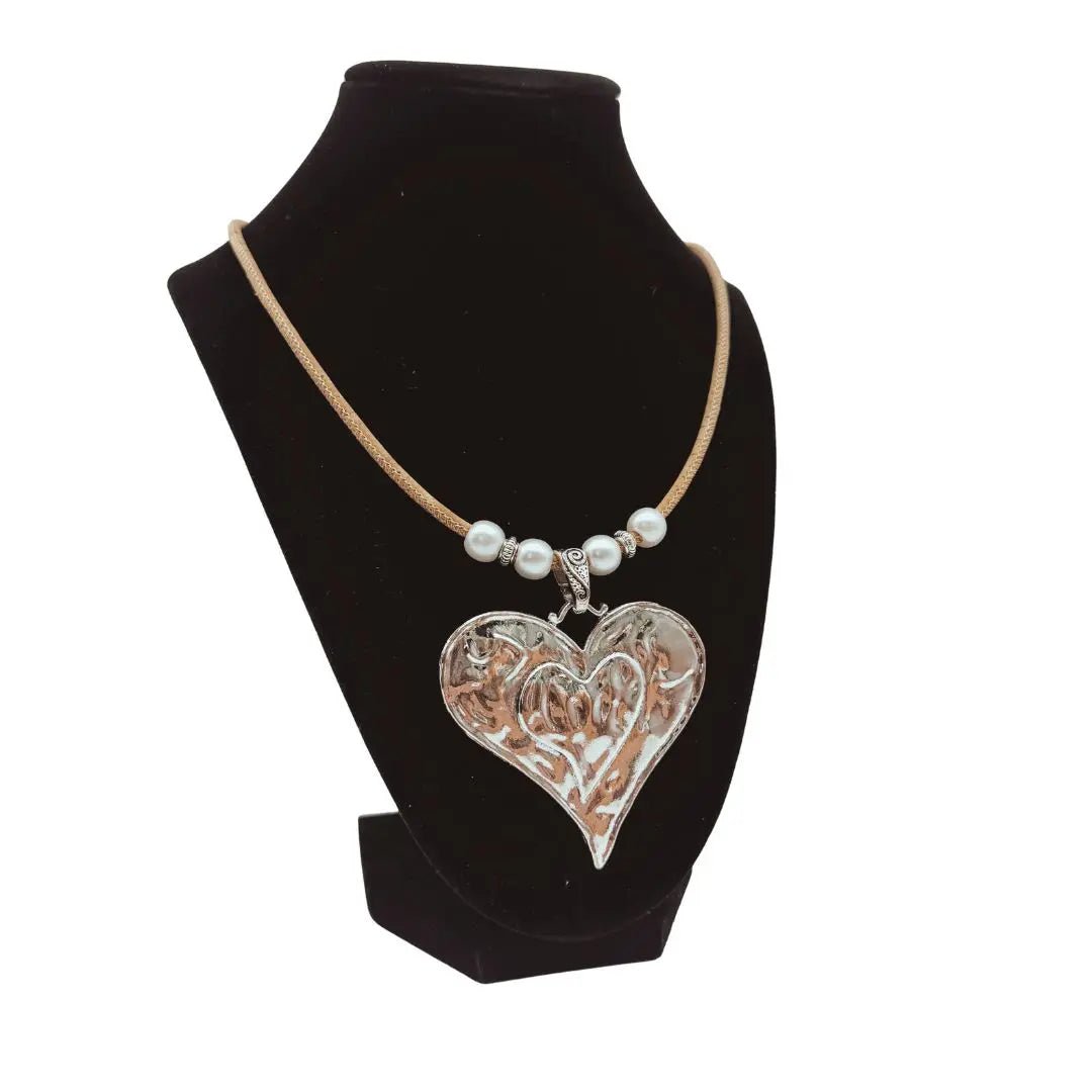 Cork Necklace with Large Silver Alloy Heart Pendant
