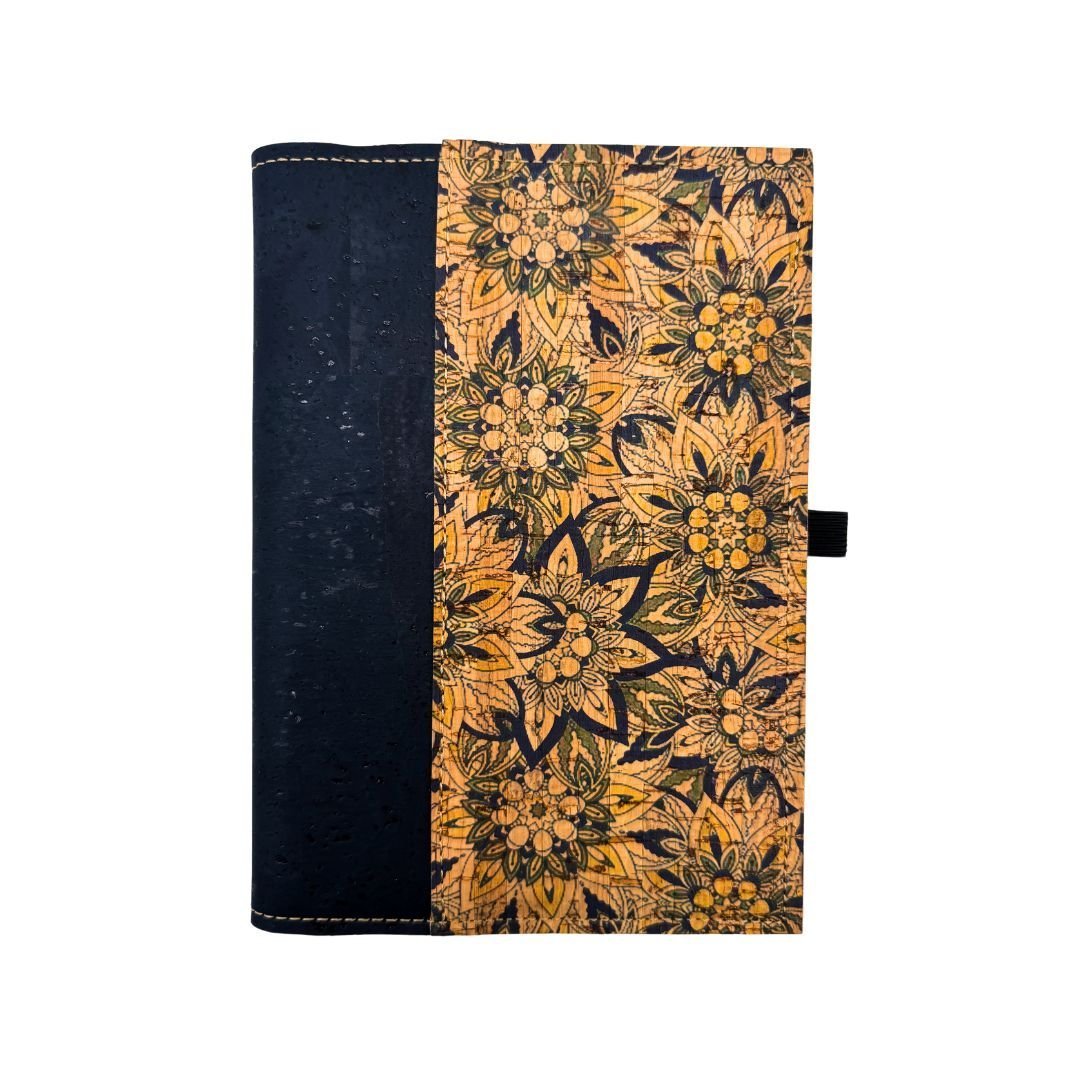 Cork Leather Notebook Cover - Navy blue with blue and yellow floral right border