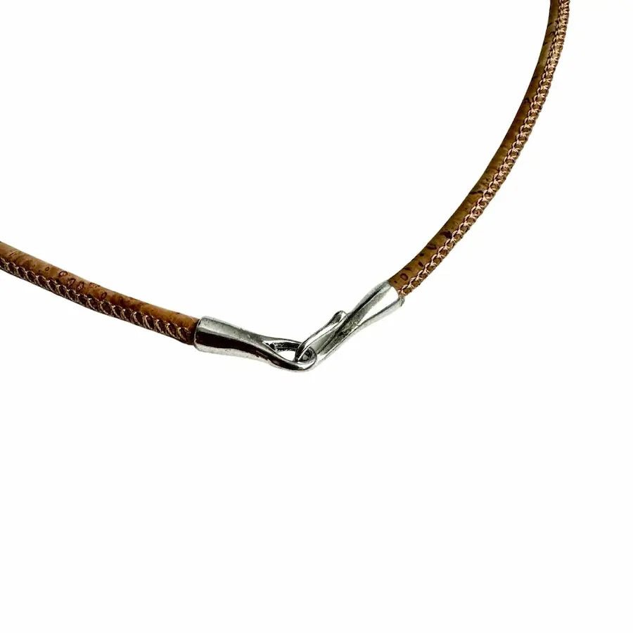 Brown cork cord with silver hook and loop clasp on a white background