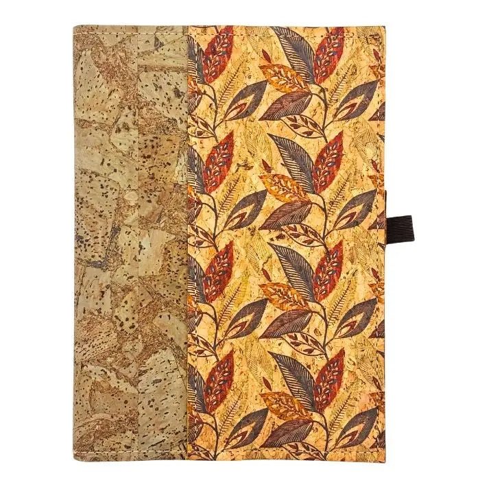 Cork Leather Notebook Cover - Small Refillable Notebook - Olive with colorful leaves on front border.