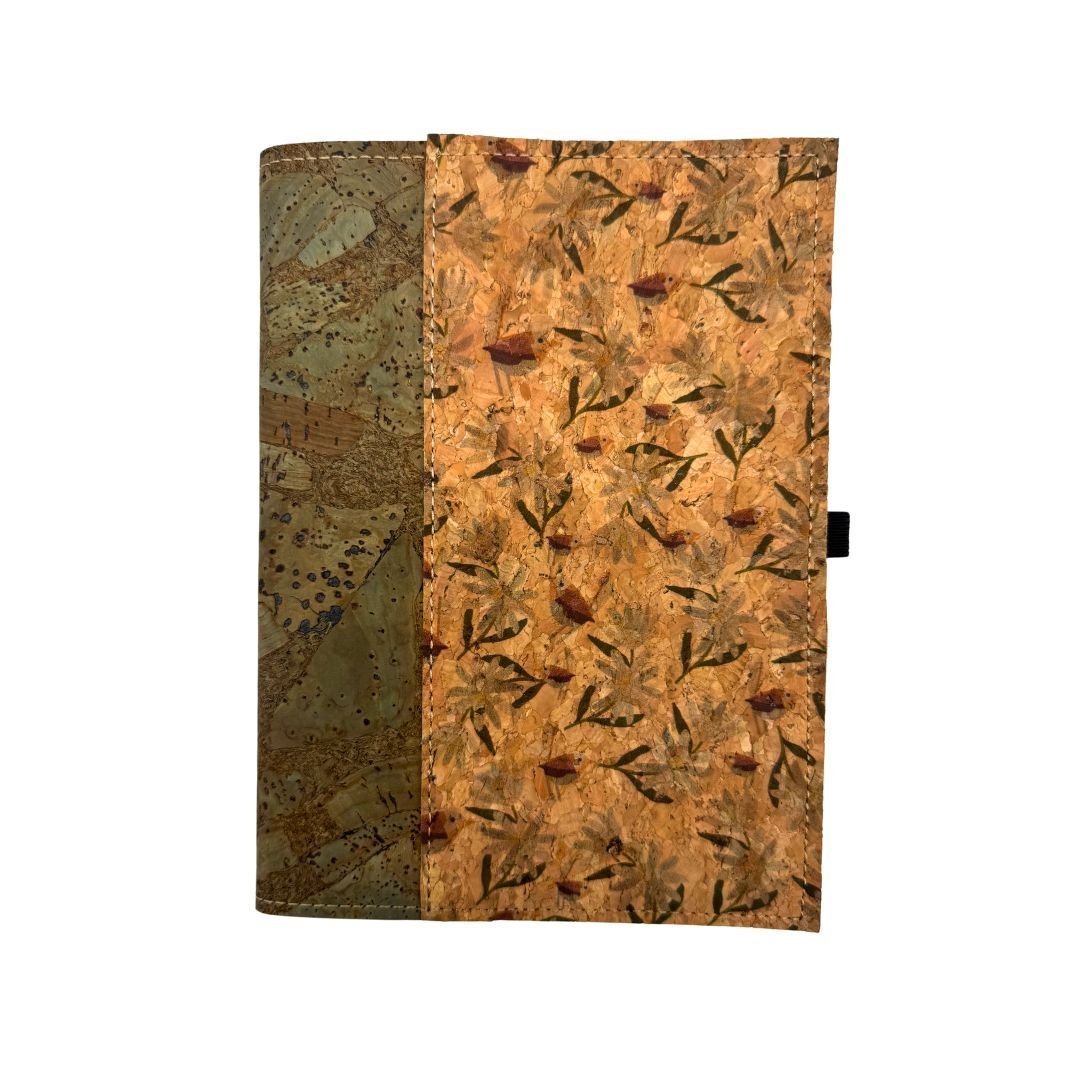 Cork Leather Notebook Cover - Olive Green with green birds right border