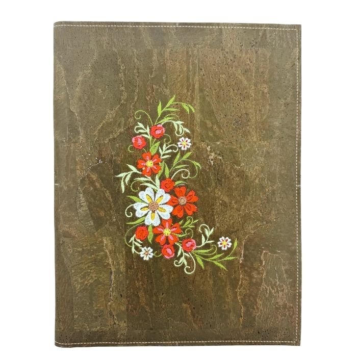 Olive green spiral cover embroidered with wildflower floral bundle on white background