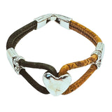 Cork bracelet with heart charm. Olive green (left) and natural cork (right) cording.