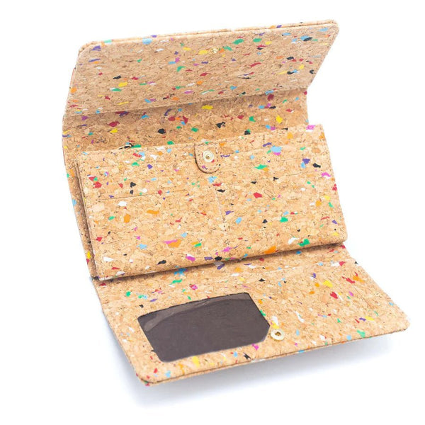 Fully open Confetti Trifold Cork Wallet for Women from Texas Cork Company