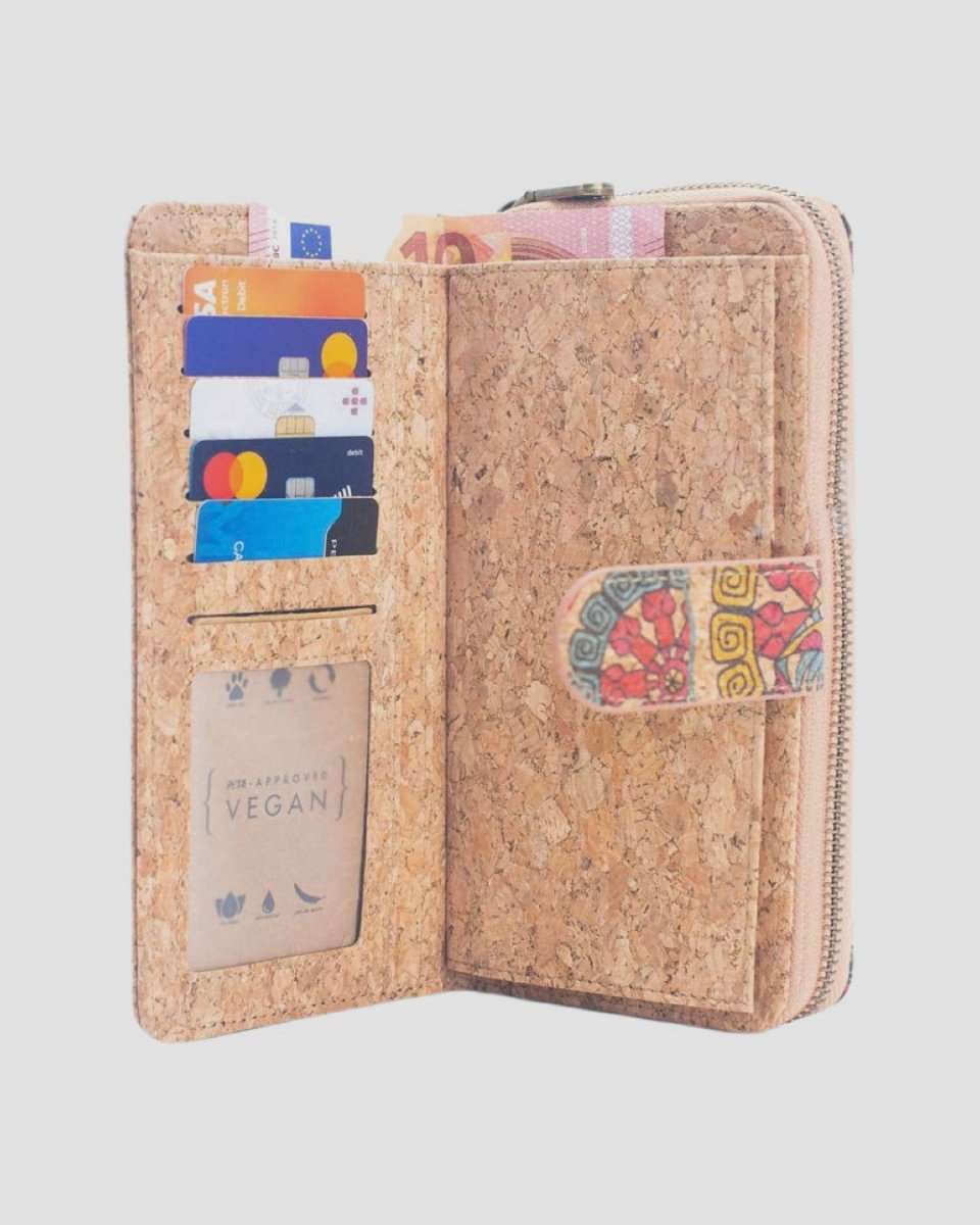 Open first section of Long Natural Cork Women's Printed Wallet with Card Holder from Texas Cork Company