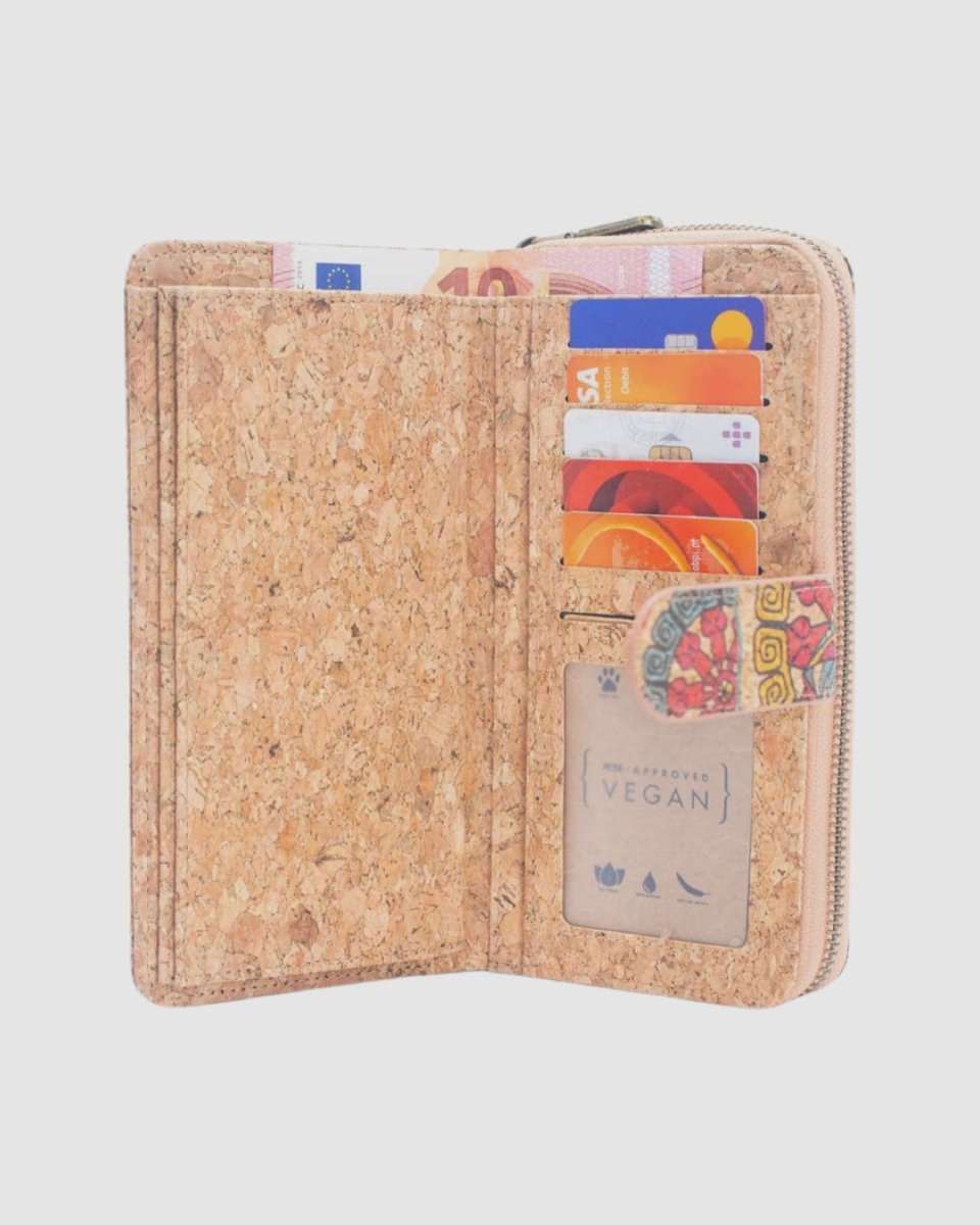 Open last section of Long Natural Cork Women's Printed Wallet with Card Holder from Texas Cork Company