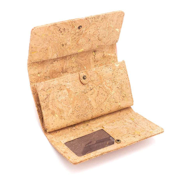 Open empty Molten Gold Trifold Cork Wallet for Women from Texas Cork Company