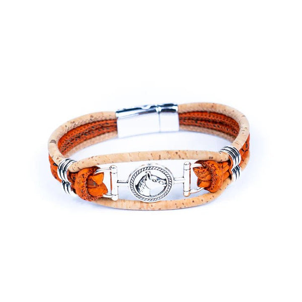 Bracelet with natural and orange cork cords and a horse head charm on a white background